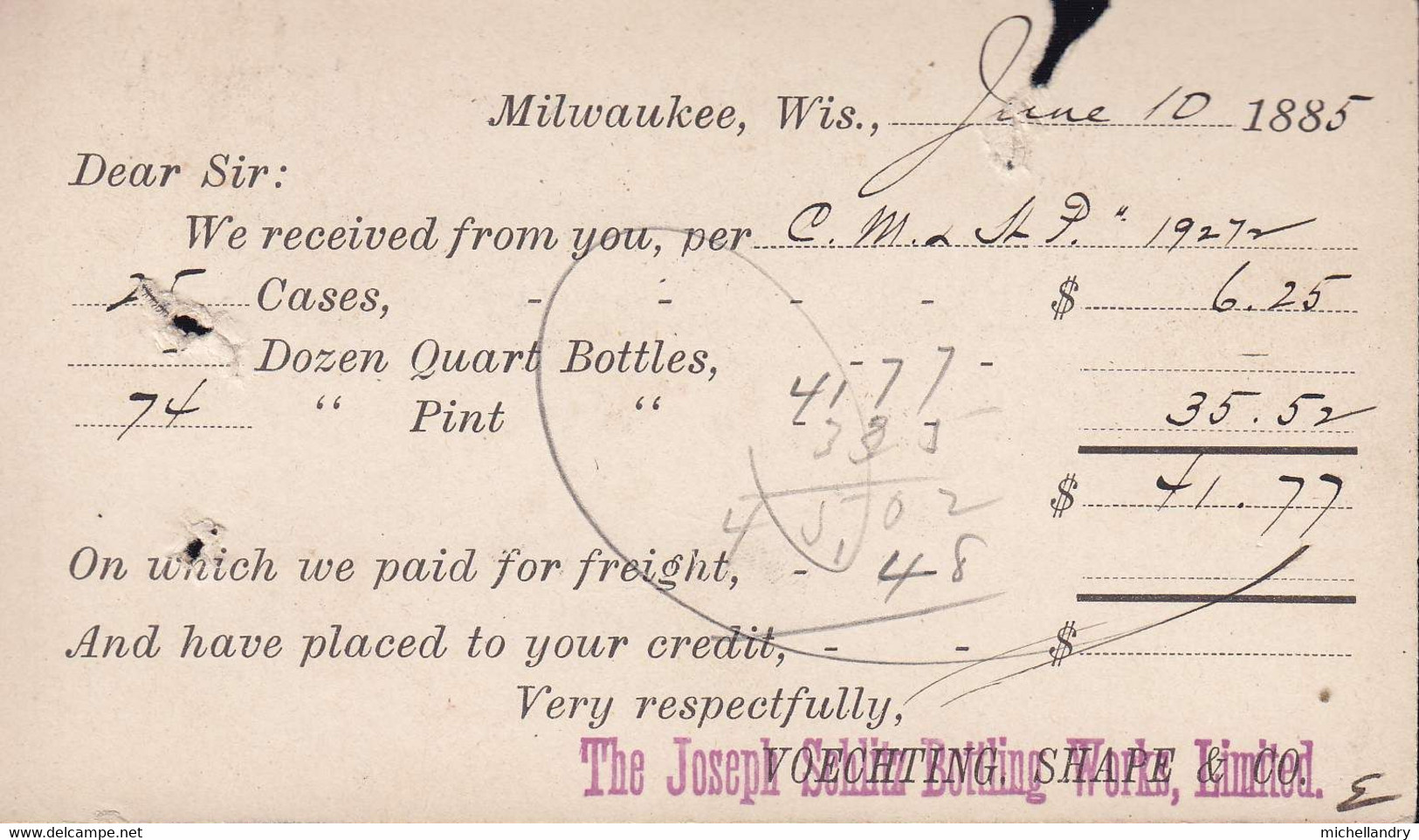 Carte Postal (122206) B/W The Joseph Schiltz Bottling Works Limited, June 10 1885, 1 Cent US, Milwaukee, Wis. - Milwaukee