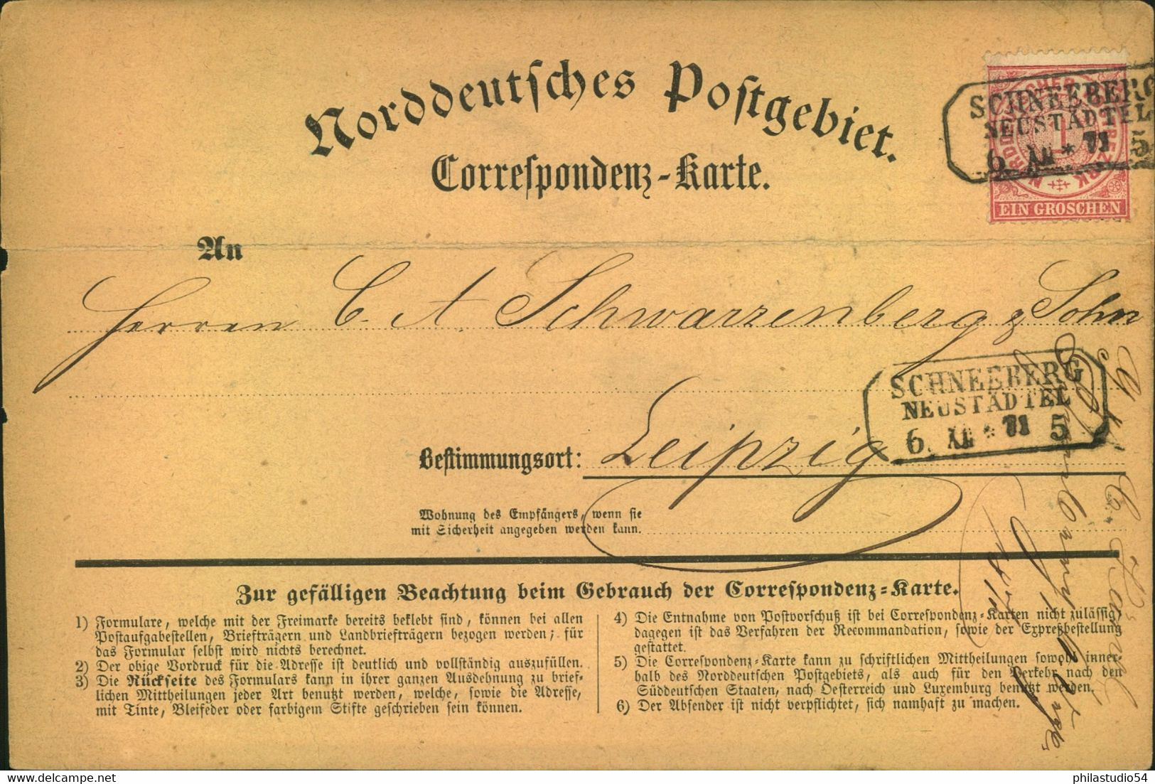 1871, Correspondenzkarte Von "SCHNEEBER NEUSTÖ'ÄT - Reichspost-Vorläfer. - Lettres & Documents