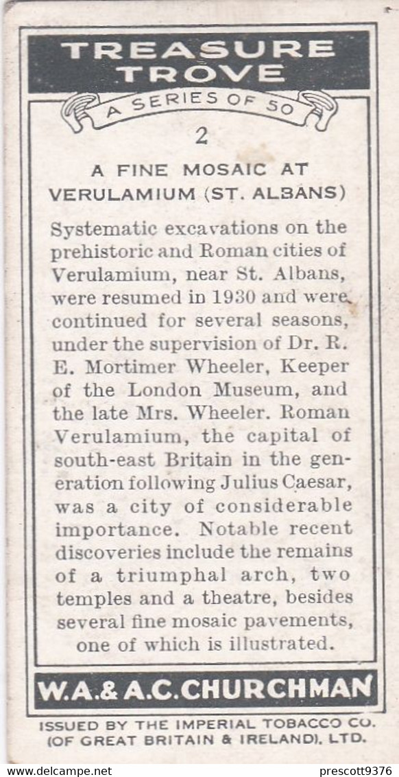 Treasure Trove 1937 - 2 Verulamium   - Churchman Cigarette Card - Original - - Churchman