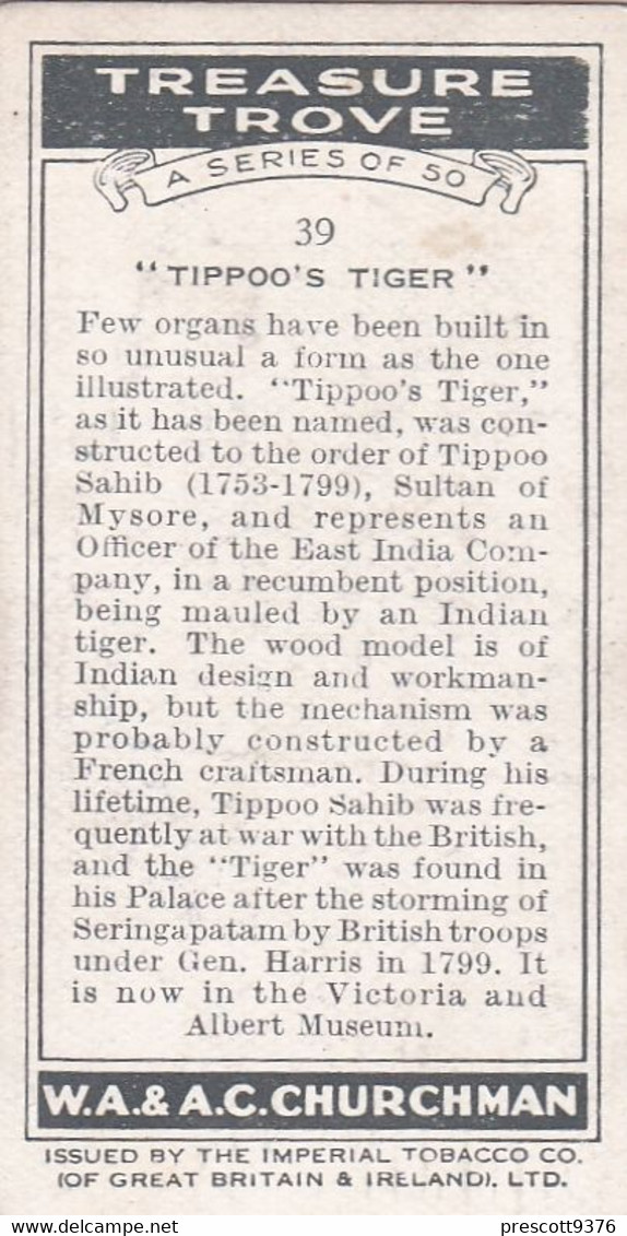 Treasure Trove 1937 - 39 Tippoo's Tiger  - Churchman Cigarette Card - Original - - Churchman