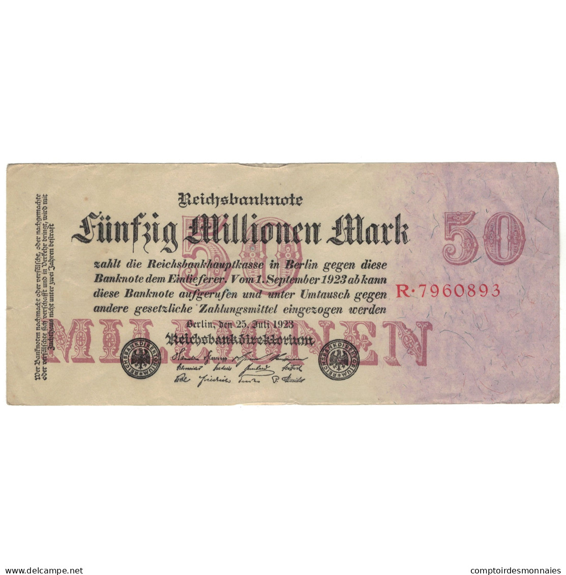 Billet, Allemagne, 50 Millionen Mark, 1923, KM:109a, TTB - 50 Mark