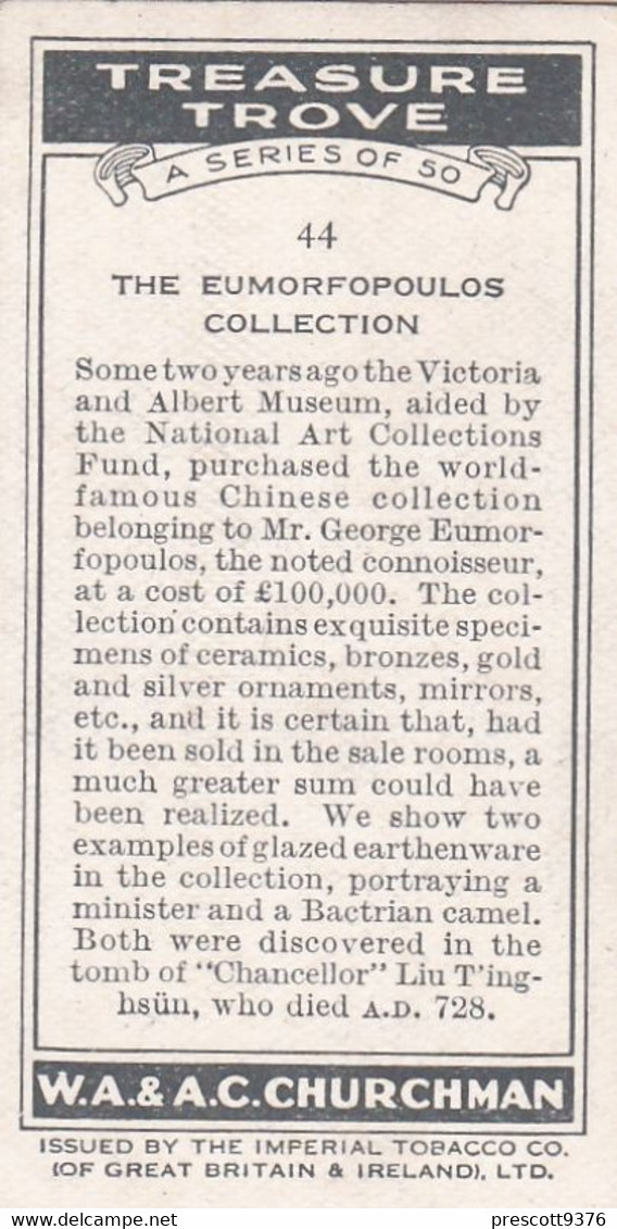 Treasure Trove 1937 - 44 The Eumorfopoulos Collection  - Churchman Cigarette Card - Original - - Churchman