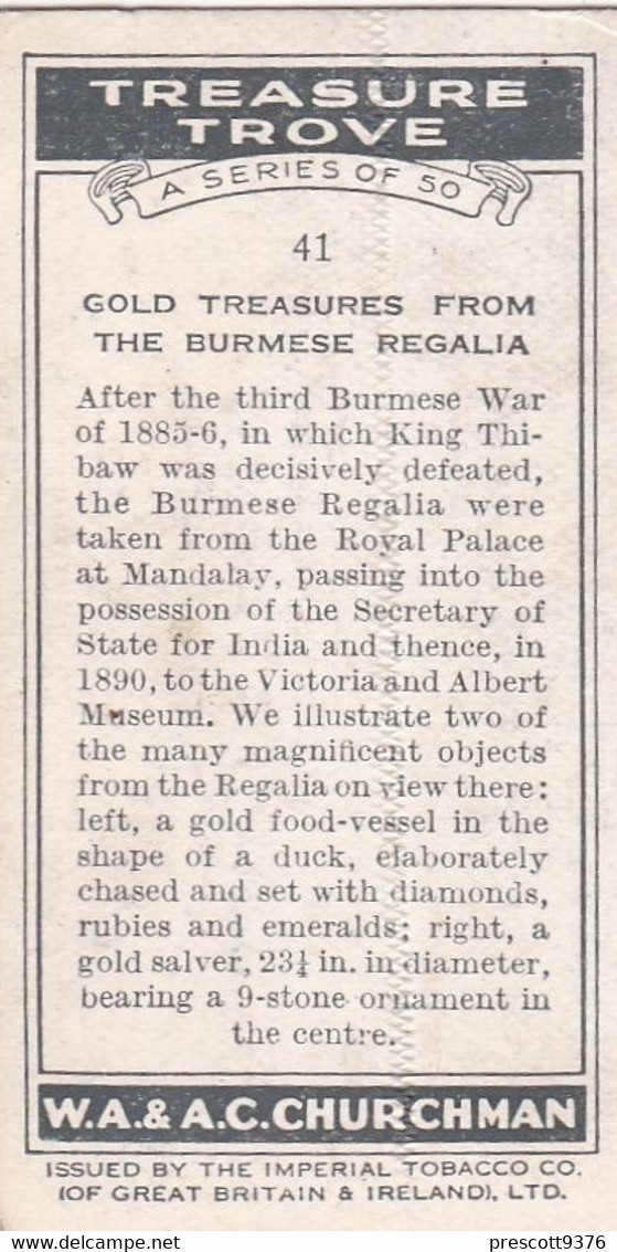 Treasure Trove 1937 - 41 Burmese Regalia  - Churchman Cigarette Card - Original - - Churchman