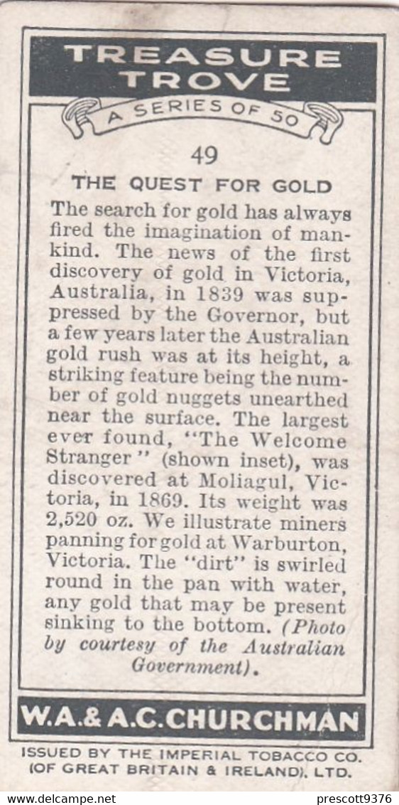 Treasure Trove 1937 - 49 Quest For Gold  - Churchman Cigarette Card - Original - - Churchman