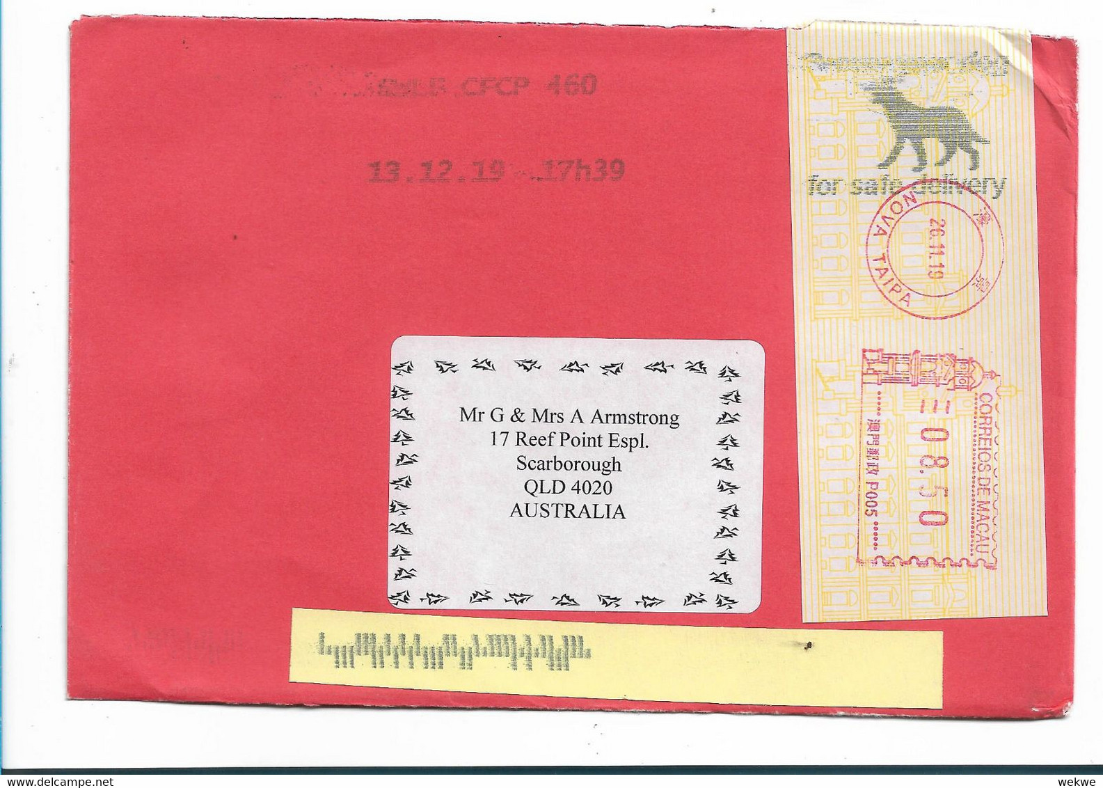 CH-AP021  CHINA / MACAO - Maschinenfrankatur 2019 Mit  Ankunftsstempel Werbung Für Hund For,safe Delivery (dog, Perro) - Cartas & Documentos