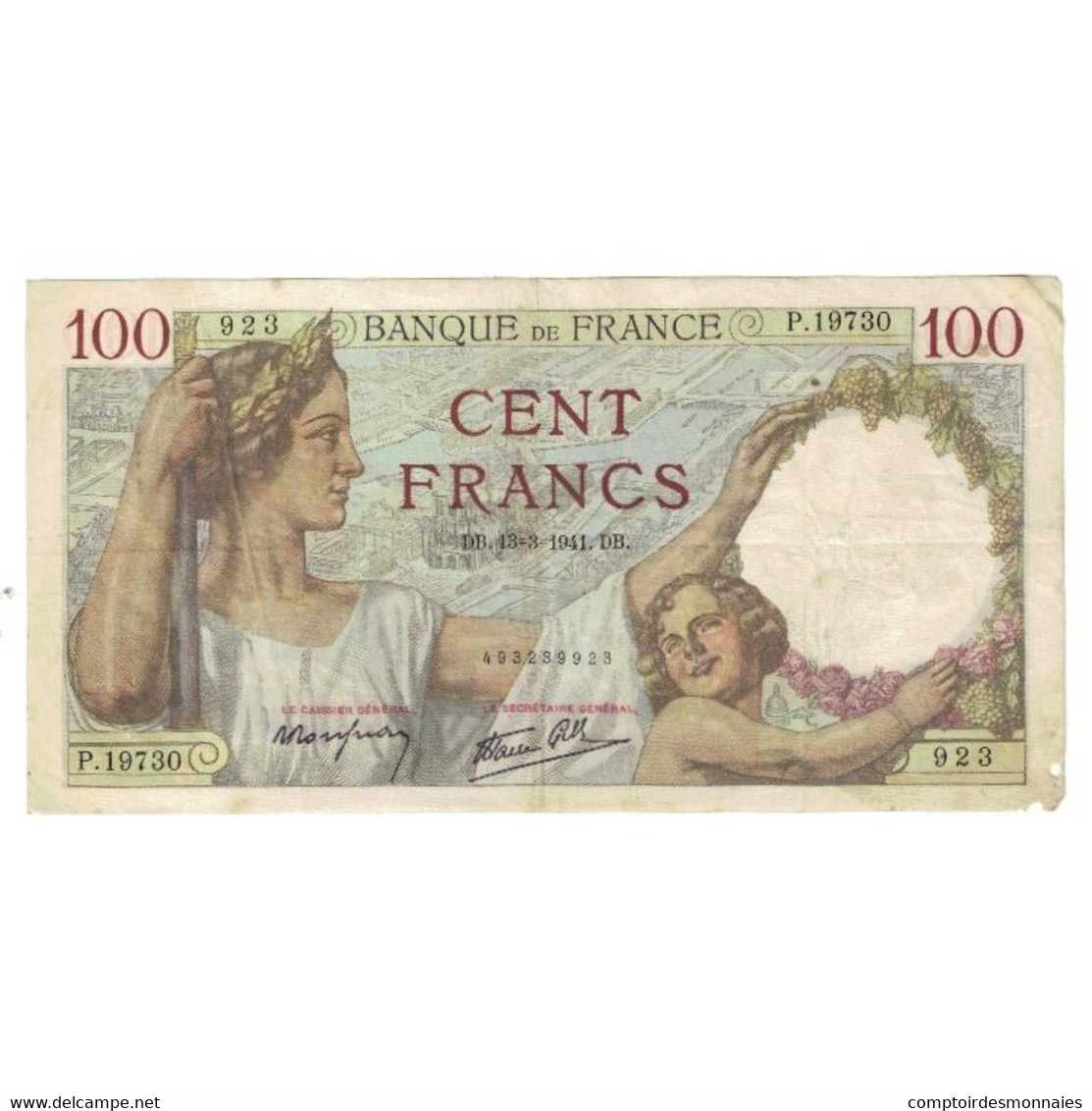 France, 100 Francs, Sully, 1941, P.19730 923, TB, Fayette:26.48, KM:94 - 100 F 1939-1942 ''Sully''