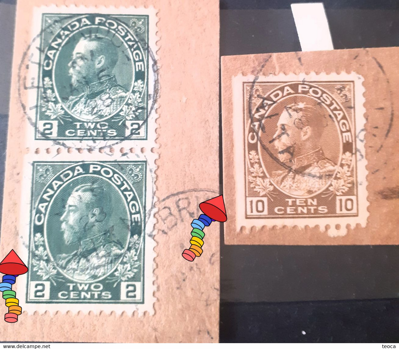 Stamps 1911-1935 Reign Of George V Canada Lot 2c Pair And 10c  Imperforated One Side Used Stamps - Autres & Non Classés