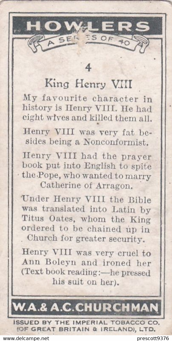 Treasure Trove 1937 - 4 Henry VIII  - Churchman Cigarette Card - Original - - Churchman