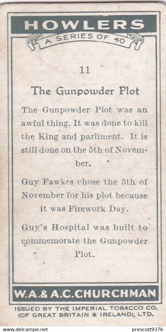 Treasure Trove 1937 - 11 Guy Fawkes Gunpowder Plot  - Churchman Cigarette Card - Original - - Churchman