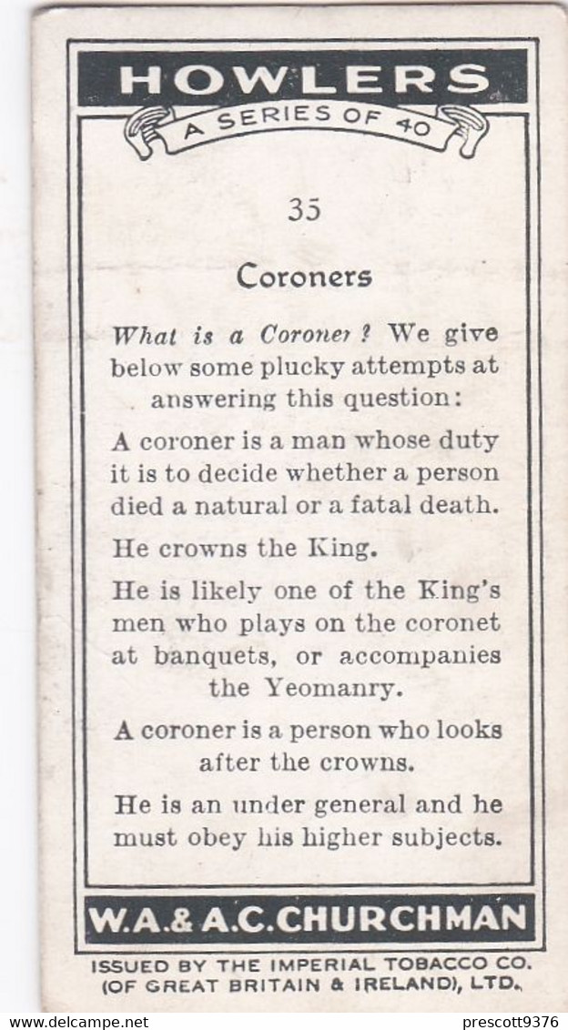 Treasure Trove 1937 - 35 Coroners  - Churchman Cigarette Card - Original - - Churchman