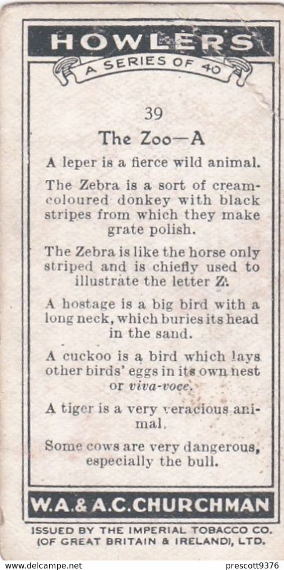 Treasure Trove 1937 - 39 The Zoo  - Churchman Cigarette Card - Original - - Churchman