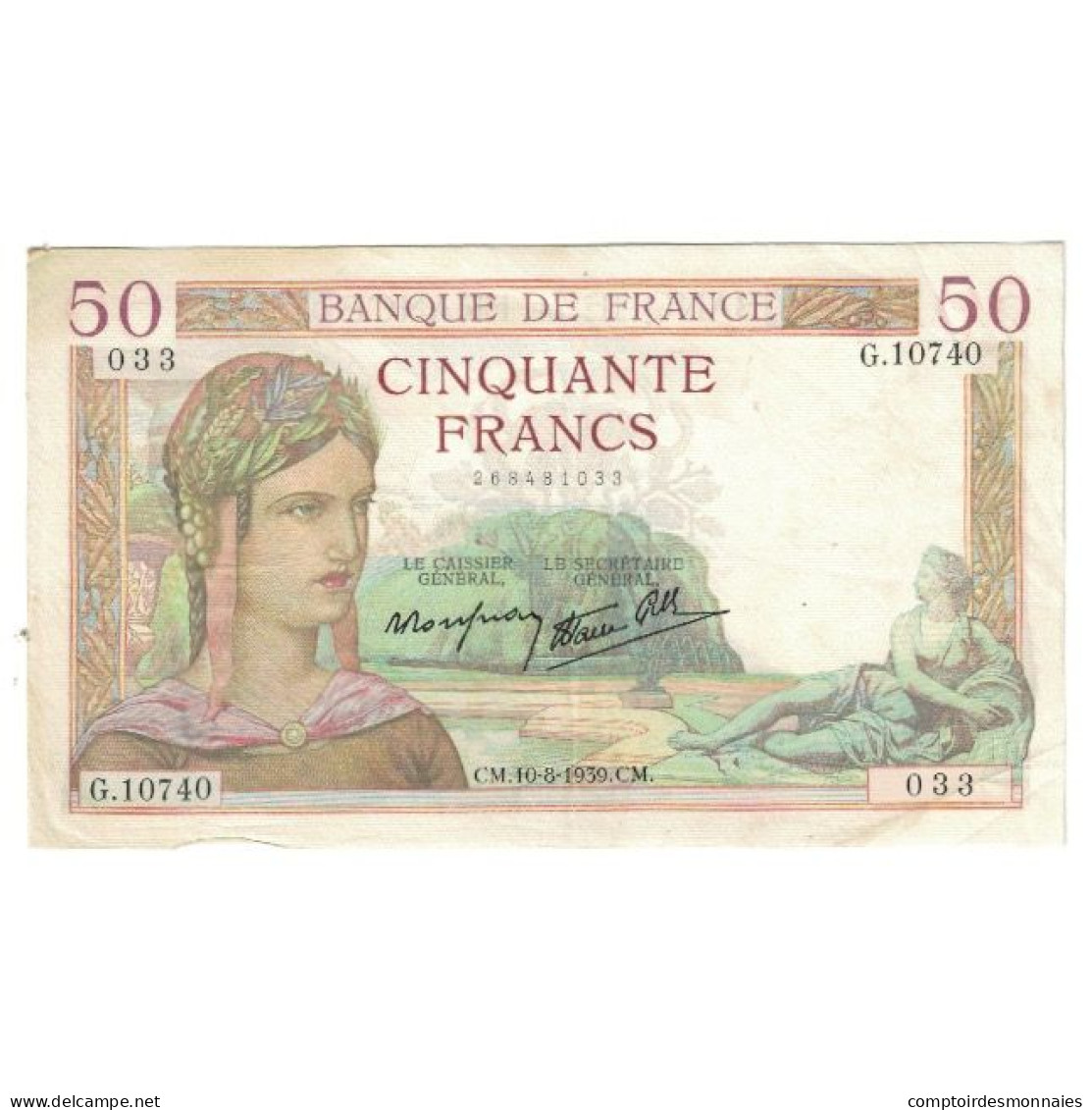 France, 50 Francs, Cérès, 1939, G.10740 033, TTB, Fayette:18.29, KM:85b - 50 F 1934-1940 ''Cérès''