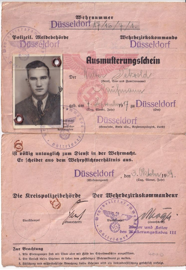 DR - Düsseldorf Ausmusterungsschein Wehruntauglichkeit 1939 - Covers & Documents