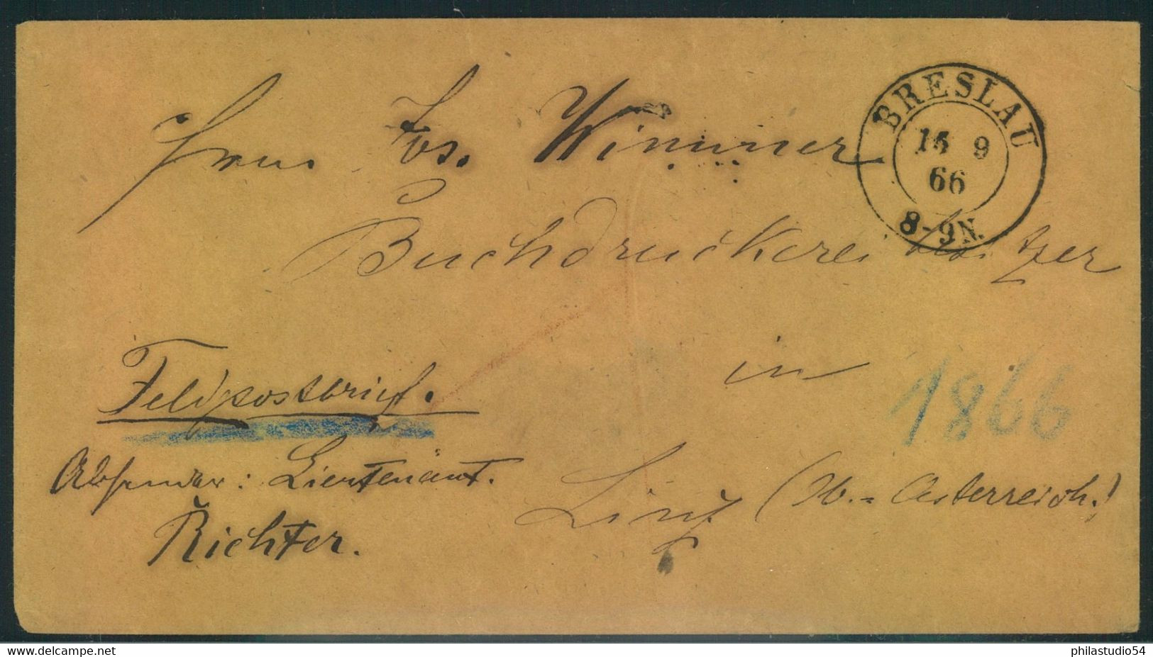 1866, Feldpostumschlag Ab BRESLAU Im Krieg Zwischen Preußen Und Österreich - Storia Postale