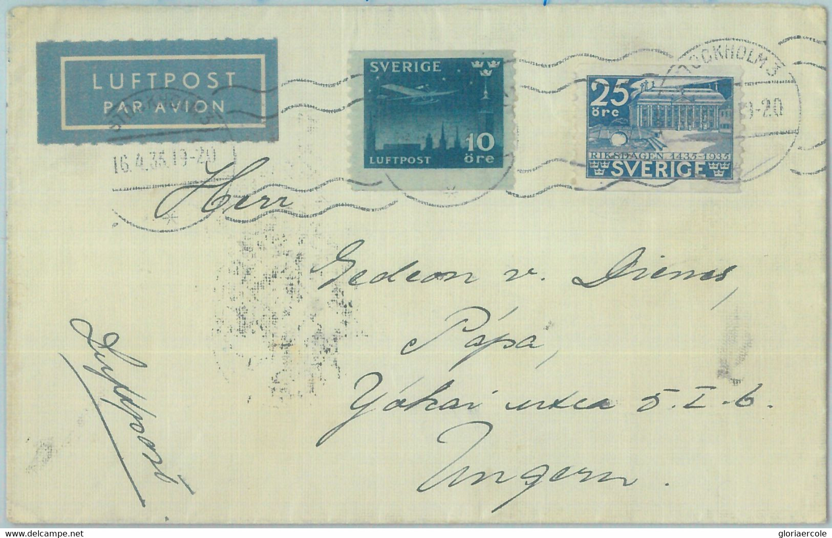 89027 - SWEDEN - POSTAL HISTORY - Airmail COVER To HUNGARY Through AUSTRIA  1935 - Altri & Non Classificati