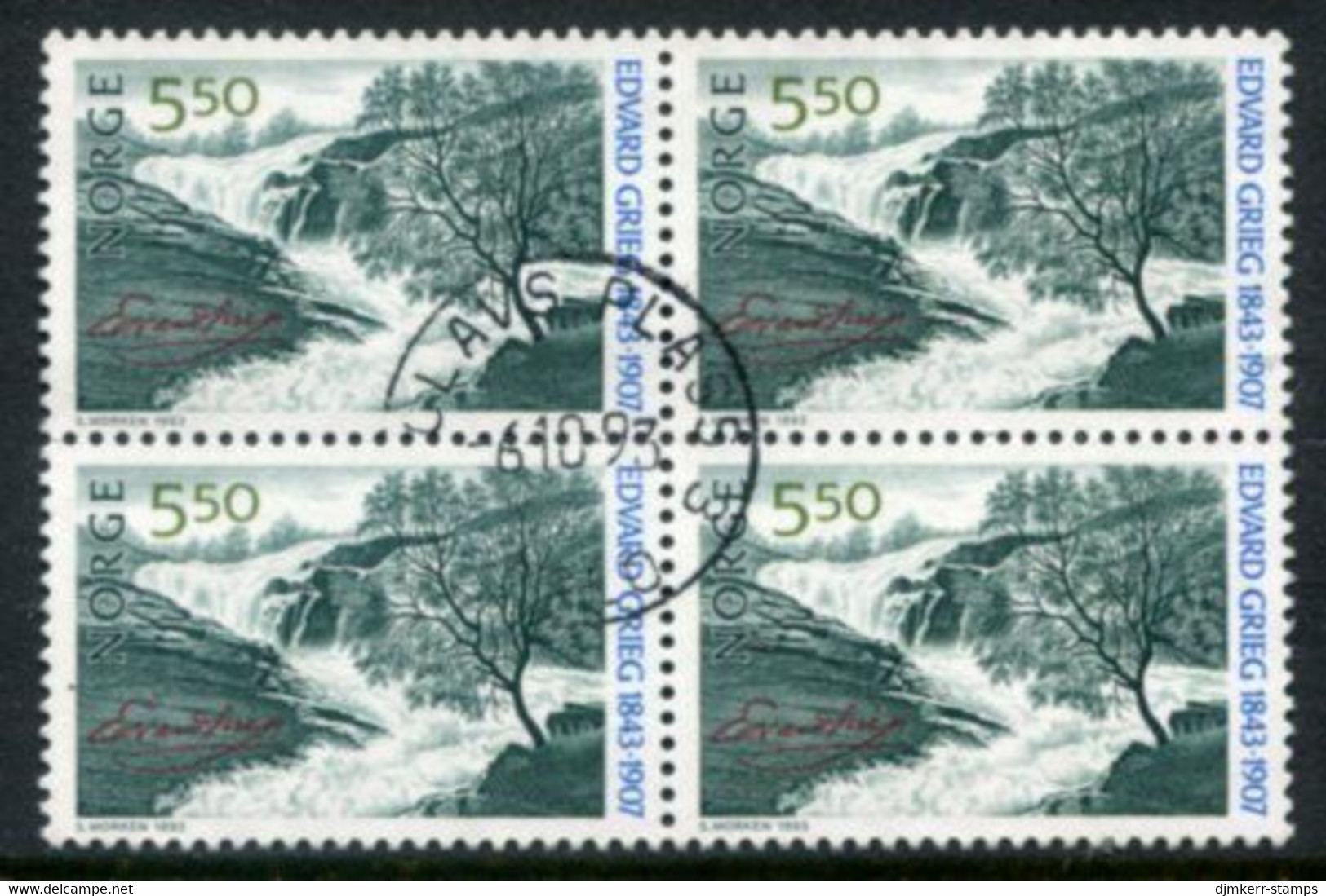 NORWAY 1993 Grieg Birth Anniversary 5.50 Kr. Block Of 4 Used.   Michel 1126 - Gebraucht