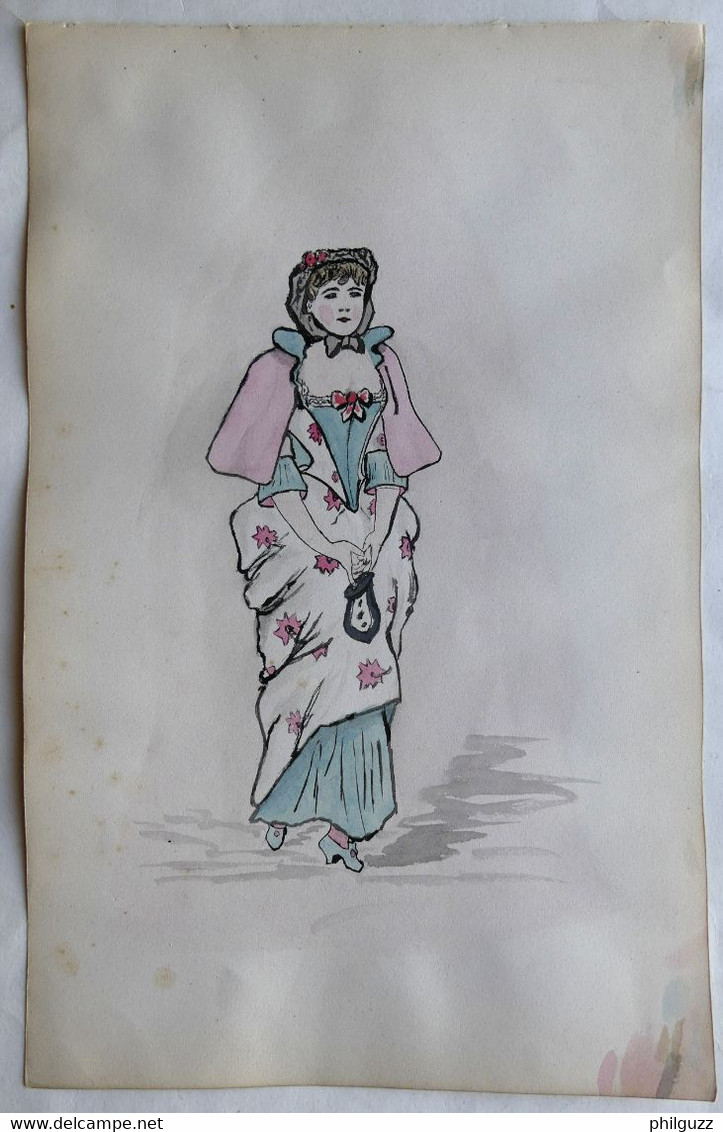 DESSIN ORIGINAL ILLUSTRATION AQUARELLE P MIGAULT Vers 1880 Femme - Original Drawings