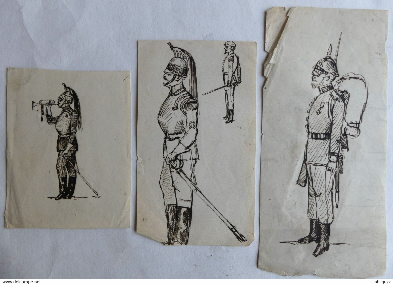 3 DESSINS ORIGINAUX Illustrations Encre Noire P MIGAULT - SOLDATS MILITAIRES Cuirassiers Prussien - Planches Et Dessins - Originaux