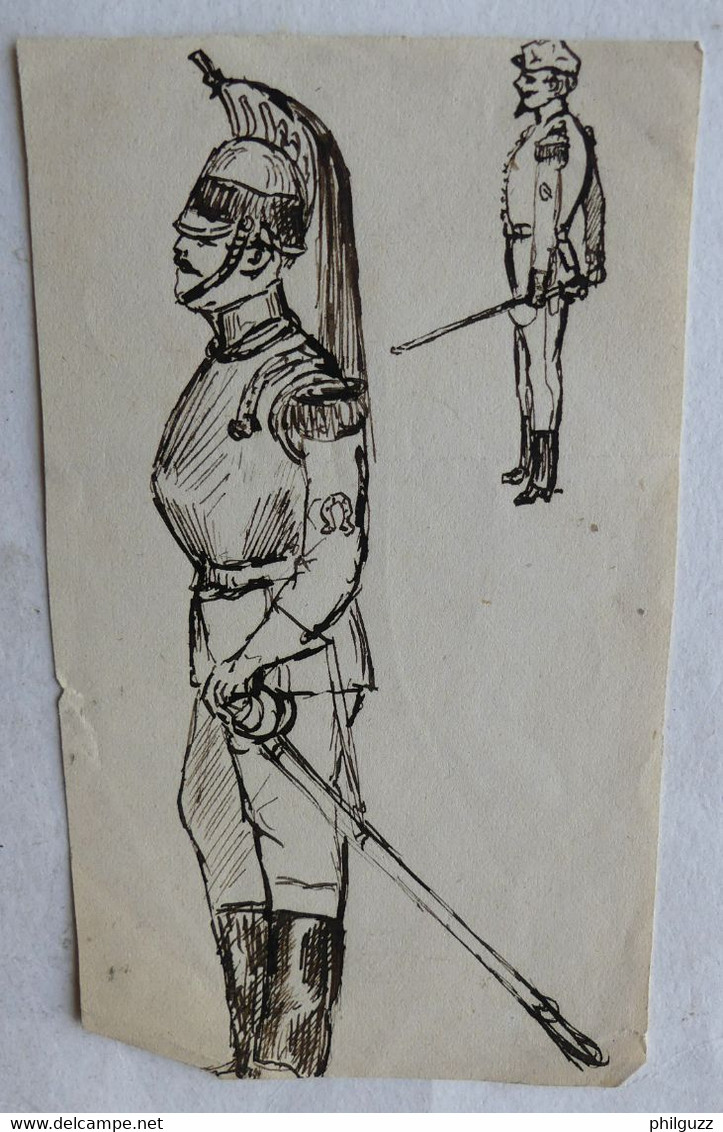 3 DESSINS ORIGINAUX Illustrations Encre Noire P MIGAULT - SOLDATS MILITAIRES Cuirassiers Prussien - Original Drawings