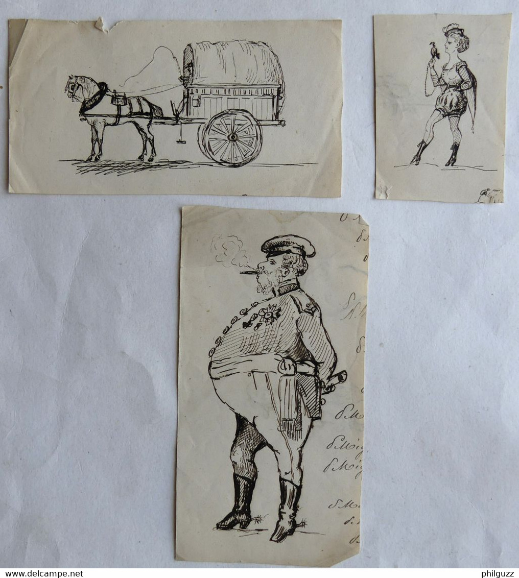 Lot De 3 Petits Dessins Originaux Illustrations  P MIGAULT - Militaire Et Divers Encre De Chine - Original Drawings