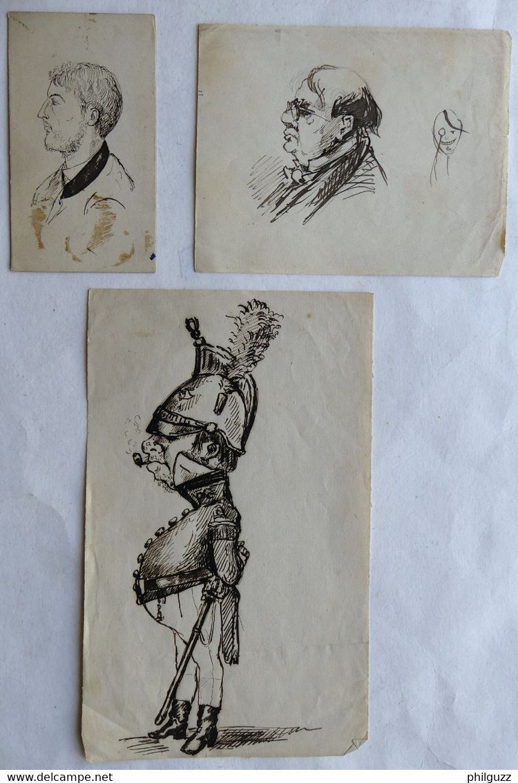 Lot De Lot De 3 Petits Dessins Originaux Illustrations P MIGAULT - Militaire Et Portrait Encre De Chine - Original Drawings