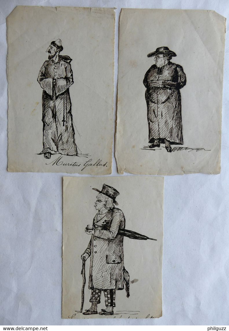 Lot De 3 Petits Dessins Originaux Illustrations Encre De Chine P MIGAULT - Religieux Moine Et Civil - Disegni Originali