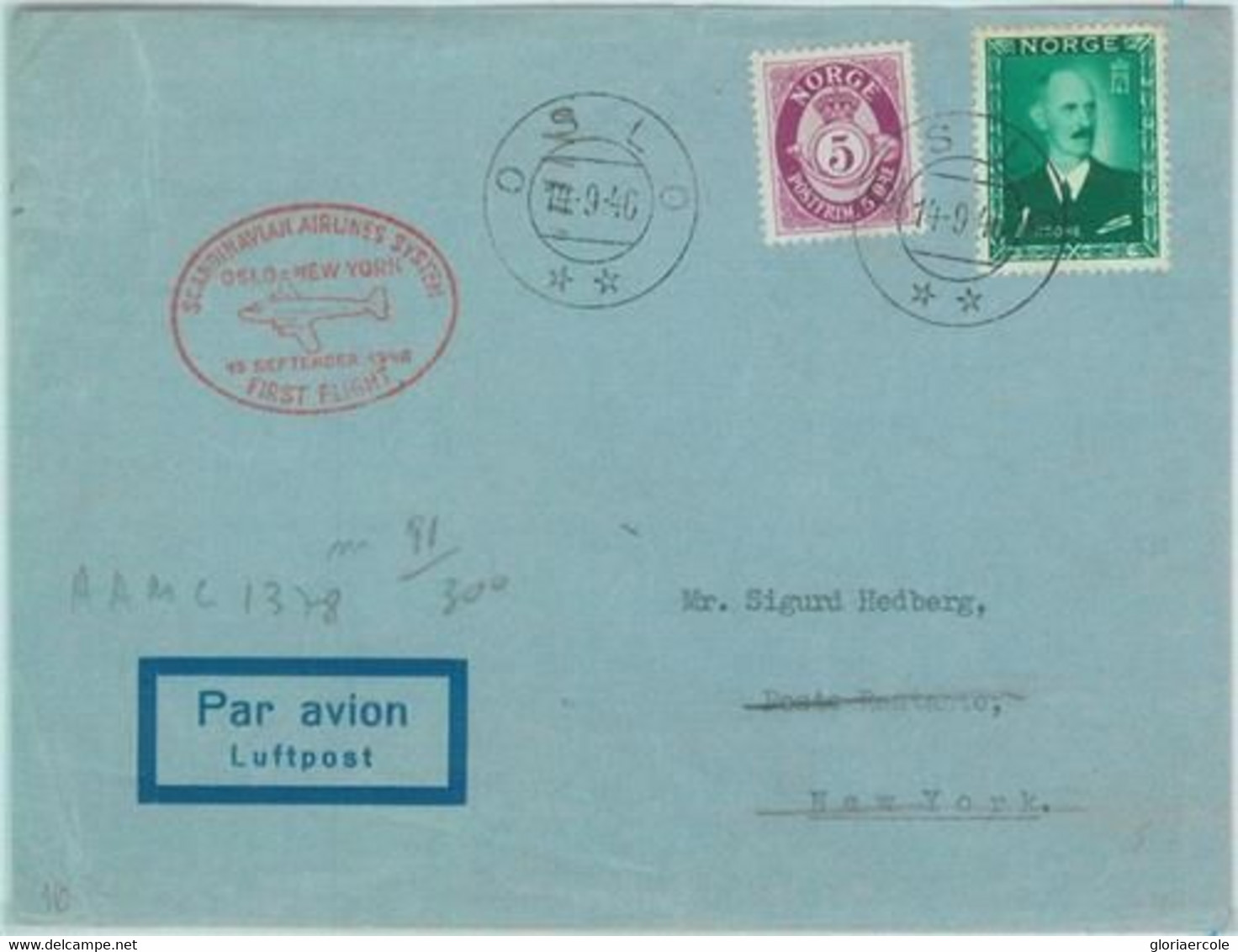 89731 - NORWAY - Postal History - FIRST FLIGHT: OSLO - NEW YORK Muller # 91 1946 - Otros & Sin Clasificación