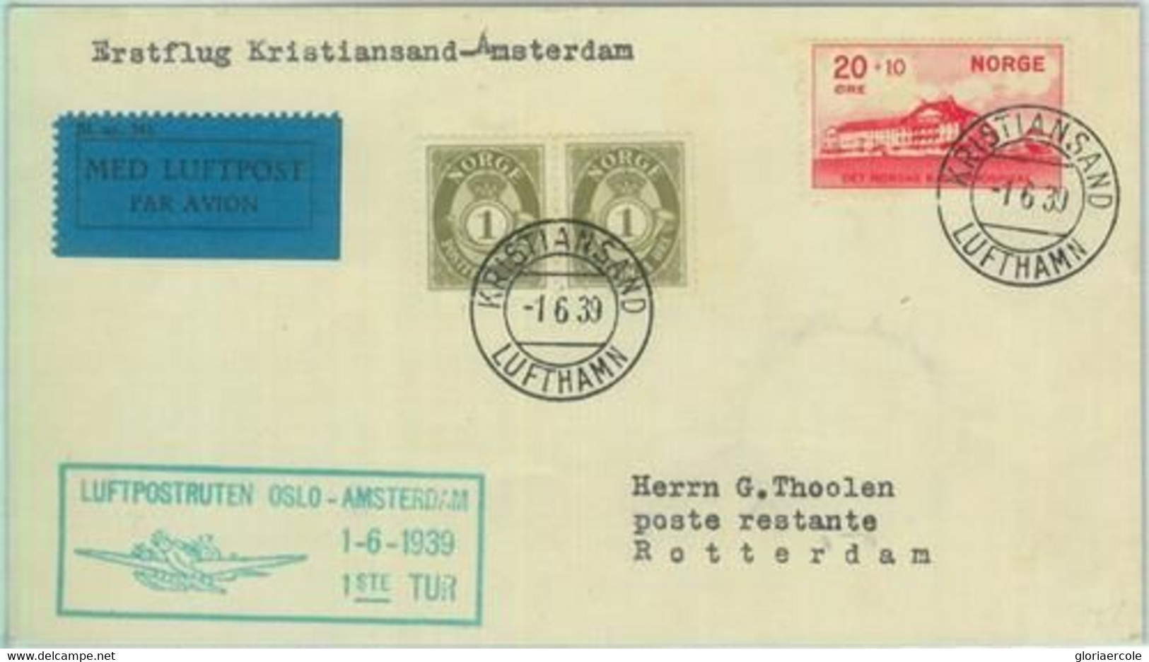 89732 - NORWAY - Postal History - FIRST FLIGHT: OSLO - Amsterdam   # 70 1939 - Altri & Non Classificati