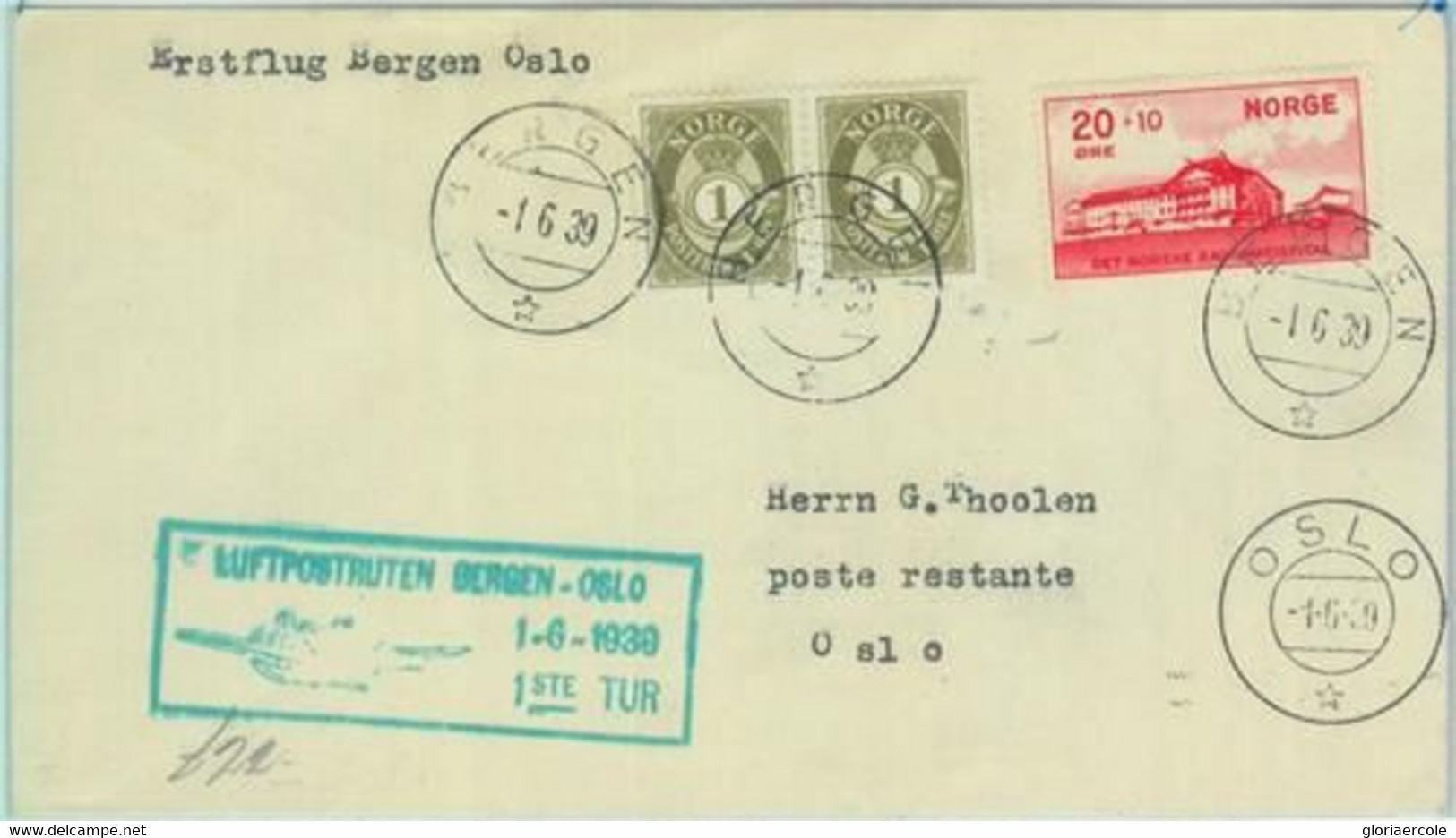 89733 - NORWAY - Postal History - FIRST FLIGHT: Bergen / Oslo   # 69  1939 - Sonstige & Ohne Zuordnung