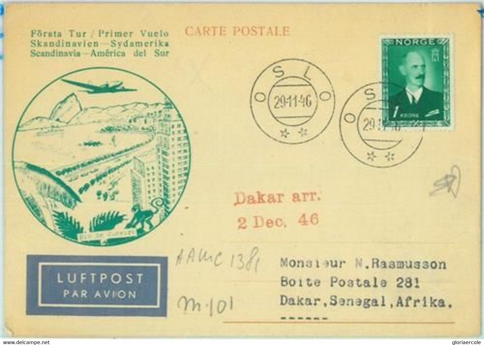 89734 - NORWAY - Postal History - FIRST FLIGHT: Oslo / Dakar Senegal  # 103 1946 - Autres & Non Classés