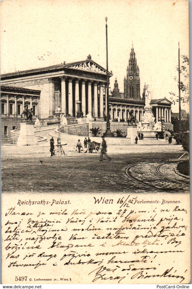 35780 - Wien - Reichsraths Palast , Parlament , Brunnen - Gelaufen 1902 - Ringstrasse