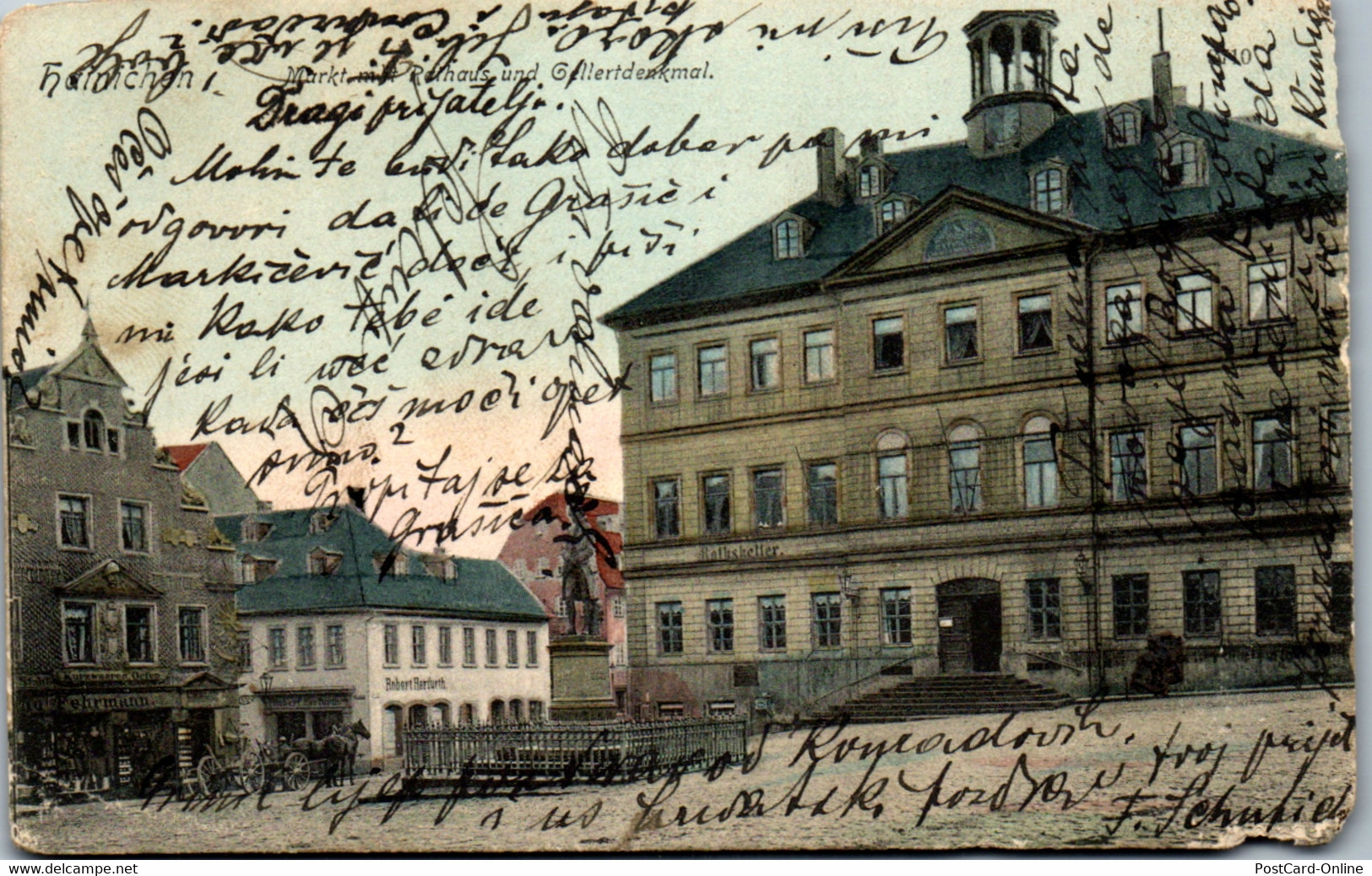 35873 - Deutschland - Hainichen , Markt Mit Rathaus Und Gellert Denkmal - Gelaufen 1904 - Hainichen