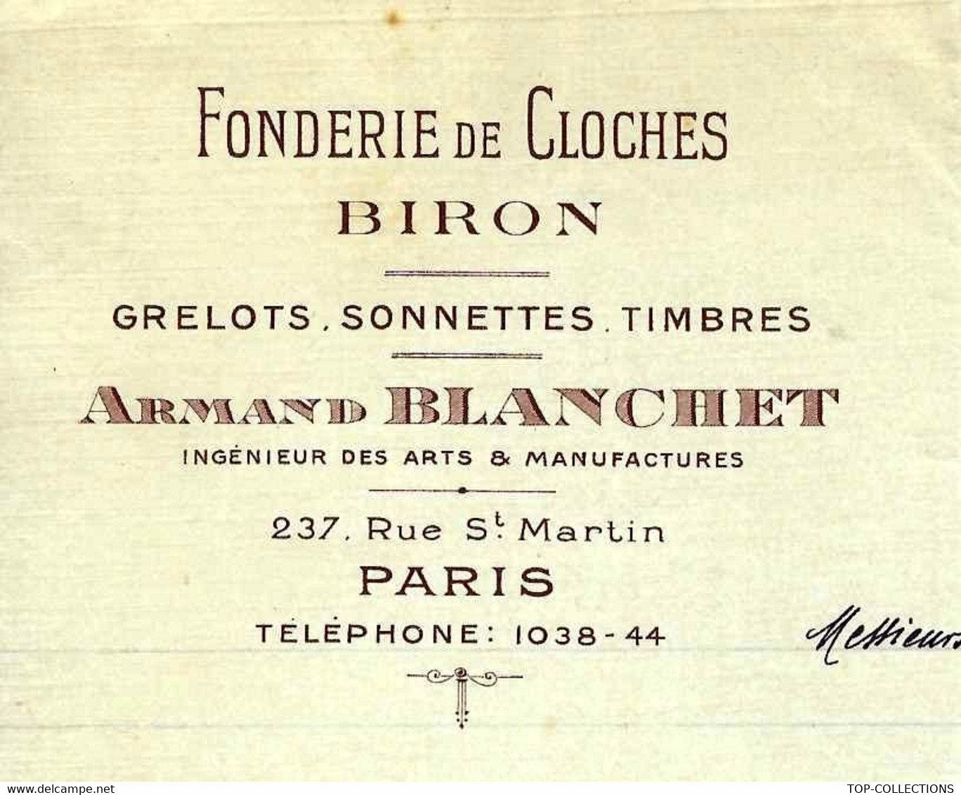 1918 ENTETE FONDERIE DE CLOCHES Biron Paris Armand Blanchet Pour Paccard Fondeur De Cloches à Annecy Le Vieux B.E.V.HIST - 1900 – 1949
