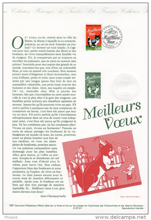 " MEILLEURS VOEUX / CHAT " Sur Document Philatélique Officiel De 1997. N° YT 3123. DPO - Chats Domestiques