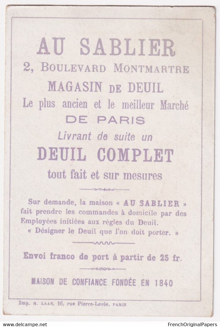 Rare Chromo / Carte De Visite 1890s - Magasin De Deuil - Au Sablier Paris 2 Boulevard Montmartre Mort Insolite A76-4 - Visiting Cards