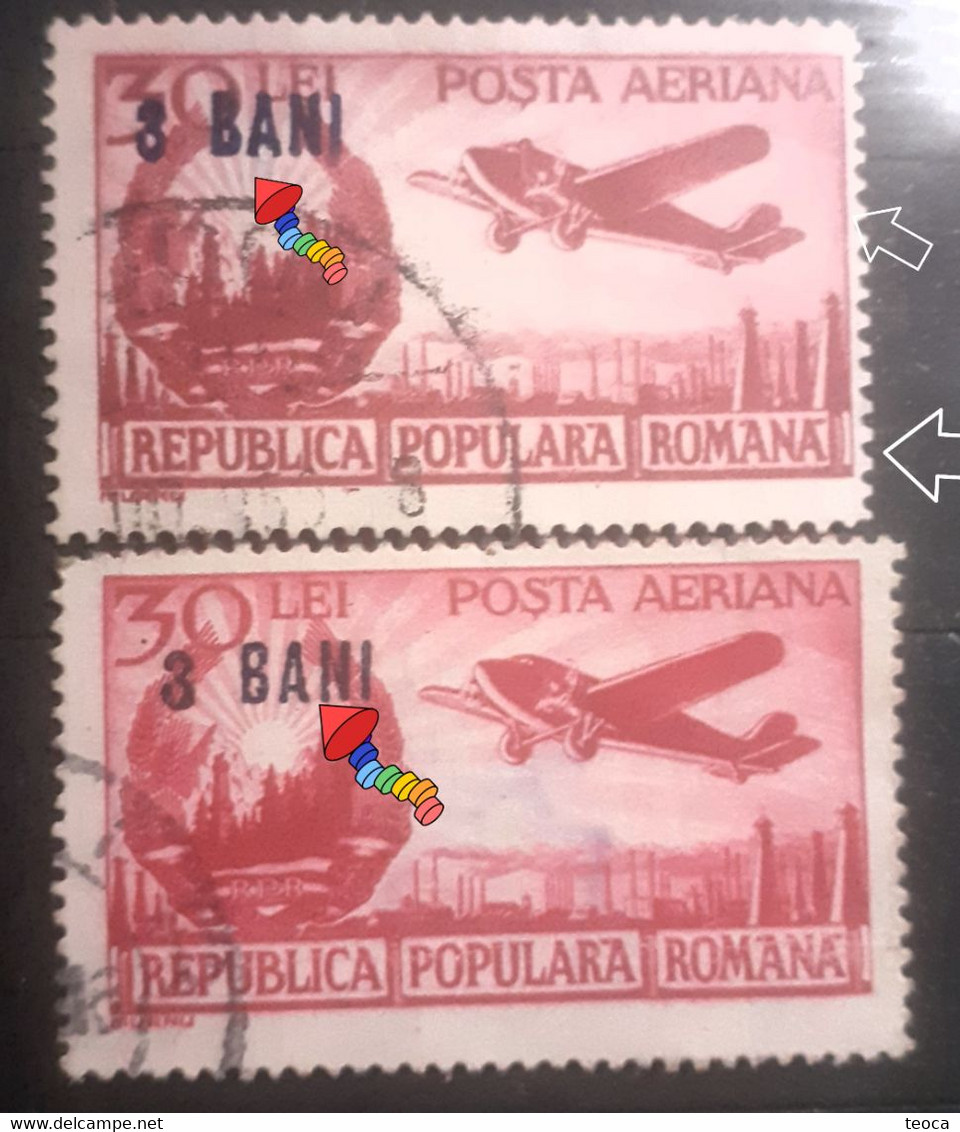 Errors Romania 1952 # Mi A1363 Air Mail , Planes , Printed With Move Overprint "3 Bani,"  Used - Varietà & Curiosità