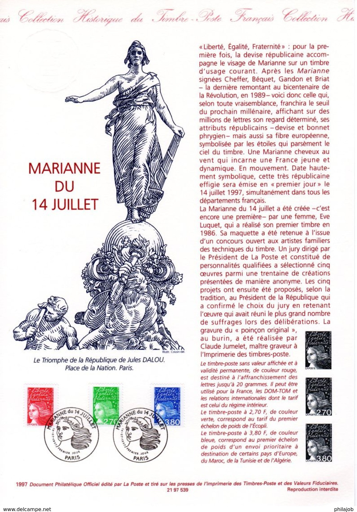 " MARIANNE DU 14 JUILLET " Sur Document Philatélique Officiel 1er Jour De 1997 N°YT 3083 3091 3092 DPO A SAISIR - 1997-2004 Marianne (14. Juli)