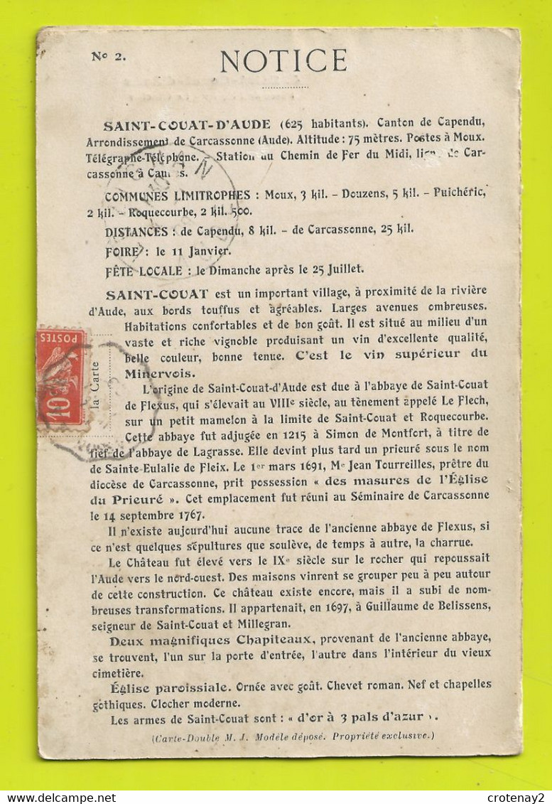 11 SAINT COUAT D'AUDE Vers Carcassonne Capendu Carte Double VOIR DOS Et Notice 625 Habitants Altitude 75m Enfants - Capendu