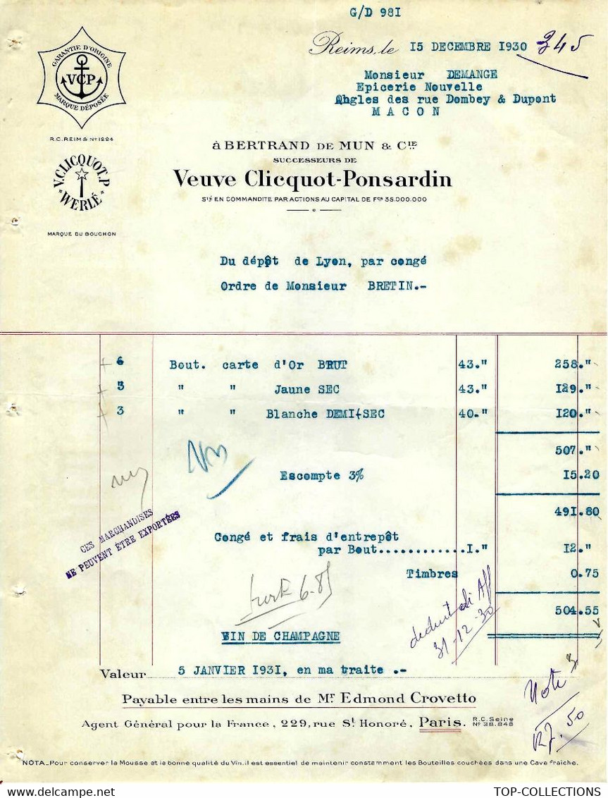 1930 Entête Veuve Clicquot Ponsardin Champagne Reims B. De Mun Pour Demange Macon B.E. VOIR SCANS - 1900 – 1949