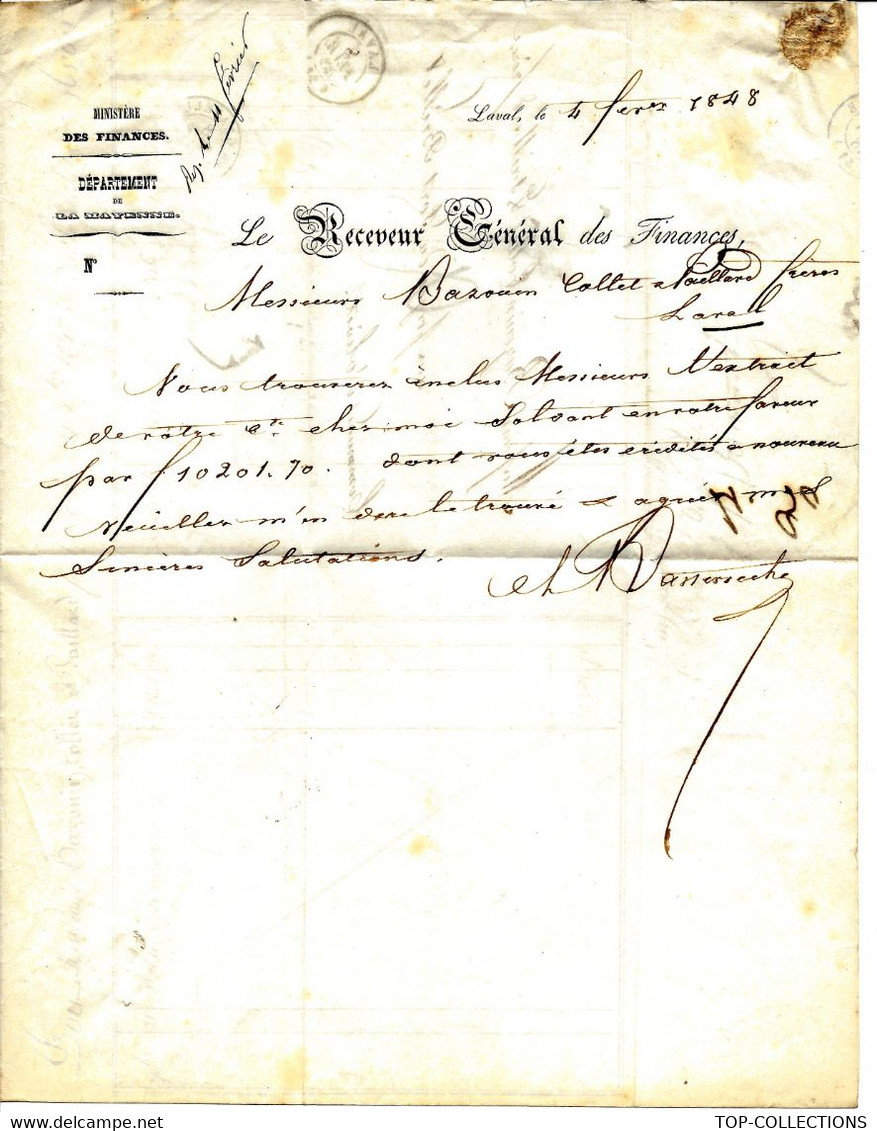 1848 ENTETE MINISTERE DES FINANCES  DEPARTEMENT MAYENNE RECEVEUR GENERAL DES FINANCES => Forges  Port Brillet Mayenne - Historical Documents