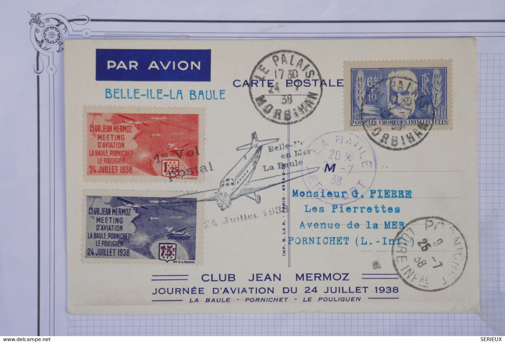 AY16 FRANCE  BELLE CARTE 1938  CLUB JEAN MERMOZ  +BELLE ILE EN MER +VIGNETTES +AFFRANCH.  PLAISANT - 1927-1959 Covers & Documents