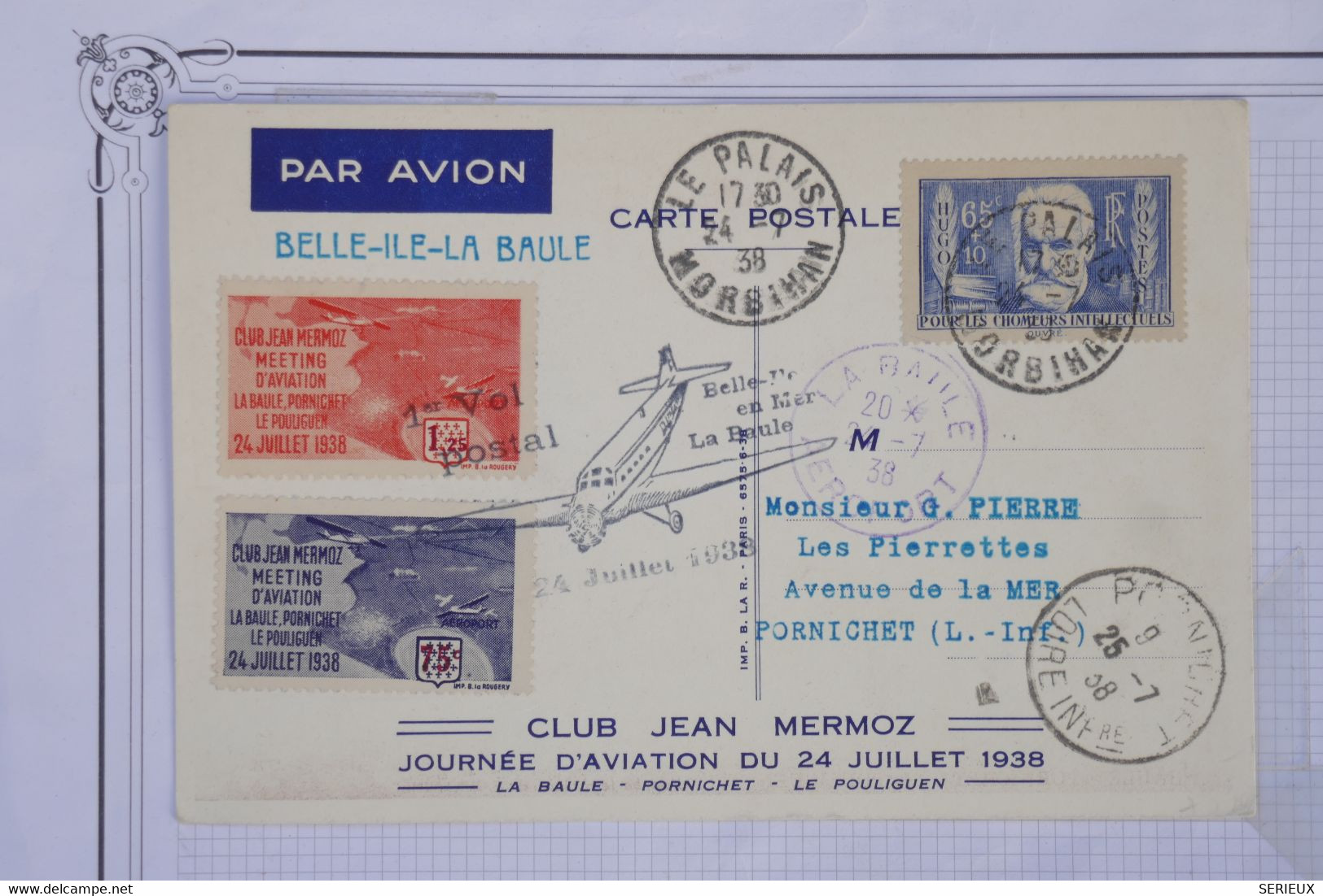 AY16 FRANCE  BELLE CARTE 1938  CLUB JEAN MERMOZ  +BELLE ILE EN MER +VIGNETTES +AFFRANCH.  PLAISANT - 1927-1959 Lettres & Documents