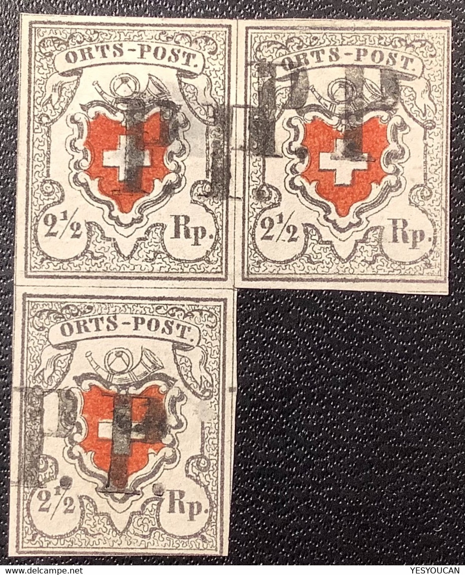 1850 Orts-Post 2 1/2 Rp Mit K.E, RARITÄT ALS 3er BLOCK  T.31/32 & 39 ZNr 13 I P.P Von ST GALLEN Attest Rellstab(Schweiz - 1843-1852 Poste Federali E Cantonali