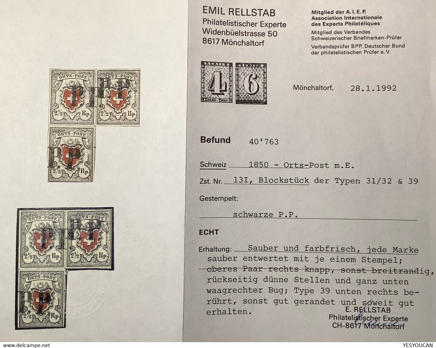 1850 Orts-Post 2 1/2 Rp Mit K.E, RARITÄT ALS 3er BLOCK  T.31/32 & 39 ZNr 13 I P.P Von ST GALLEN Attest Rellstab(Schweiz - 1843-1852 Kantonalmarken Und Bundesmarken