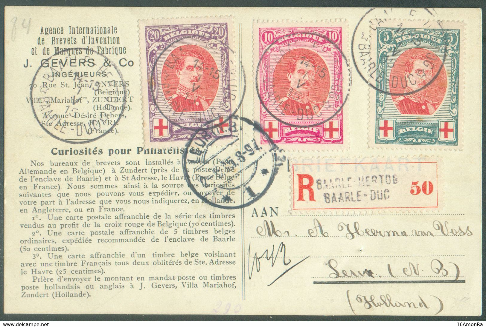 N°132/134 - Série Albert Croix-ROuge Obl. Sc BAARLE-HERTOG * Sur Carte Agence Gevers Du 1-V-1915 En Recommandé Vers Leur - 1914-1915 Rotes Kreuz