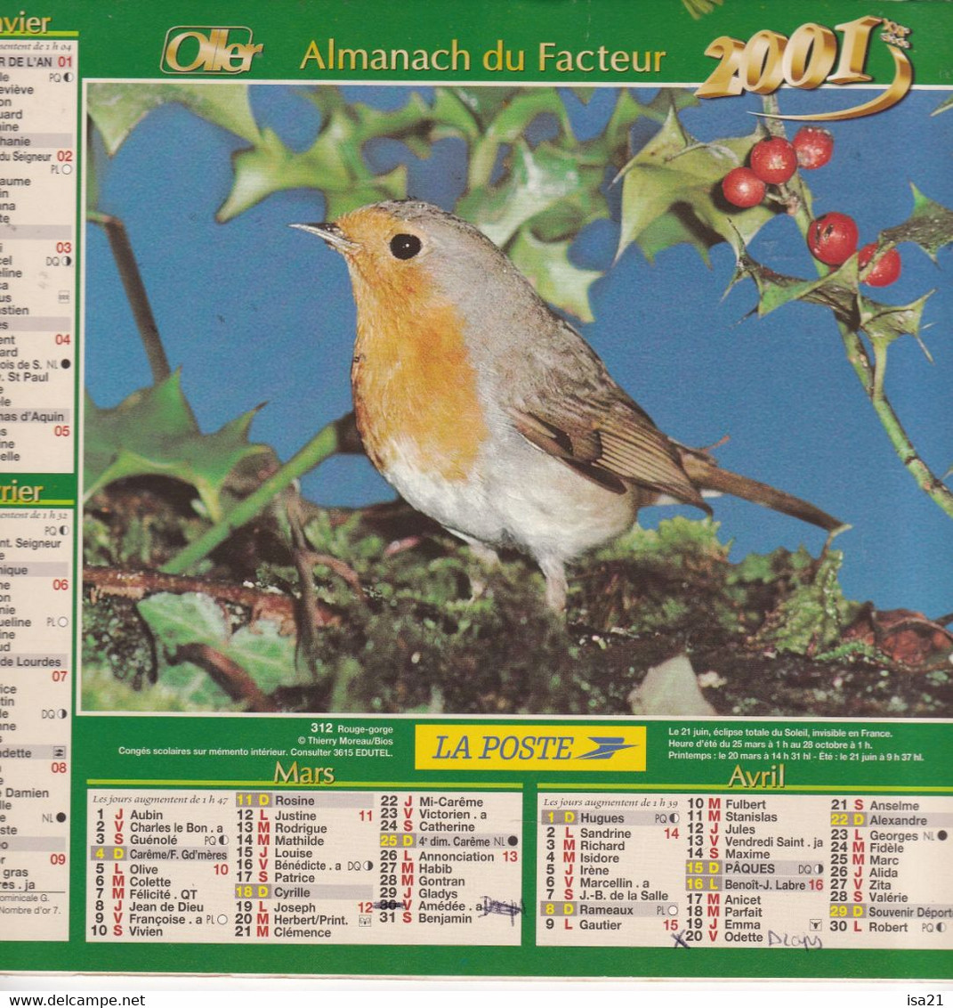 Almanach Du Facteur, Calendrier De La Poste, 2001, Côte D'Or, Rouge-Gorge, Caneton . - Grand Format : 2001-...