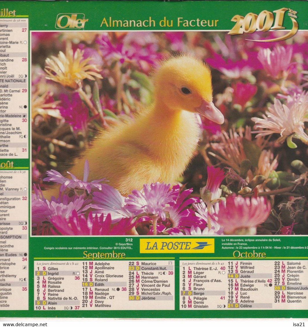 Almanach Du Facteur, Calendrier De La Poste, 2001, Côte D'Or, Rouge-Gorge, Caneton . - Grand Format : 2001-...