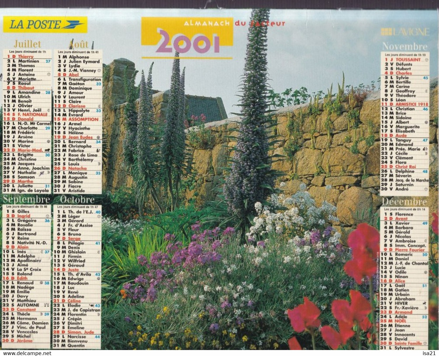 Calendrier De La Poste, Almanach Du Facteur: NORD, 2001: Jardins Fleuris, Jardin Anglais, Ed. Lavigne - Grand Format : 2001-...