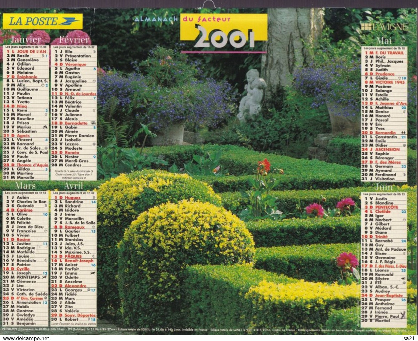 Calendrier De La Poste, Almanach Du Facteur: NORD, 2001: Jardins Fleuris, Jardin Anglais, Ed. Lavigne - Grand Format : 2001-...