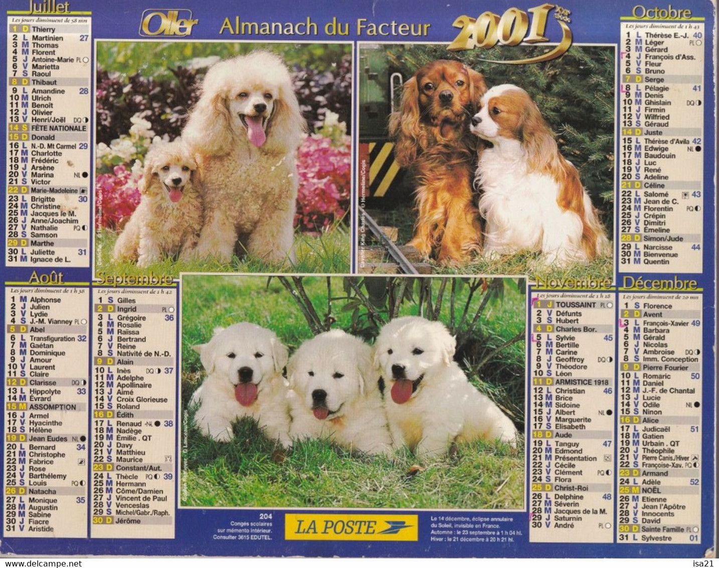 Calendrier De La Poste, Almanach Du Facteur: NORD, 2001: Chiots Et Chatons, Ed. Oller - Grand Format : 2001-...